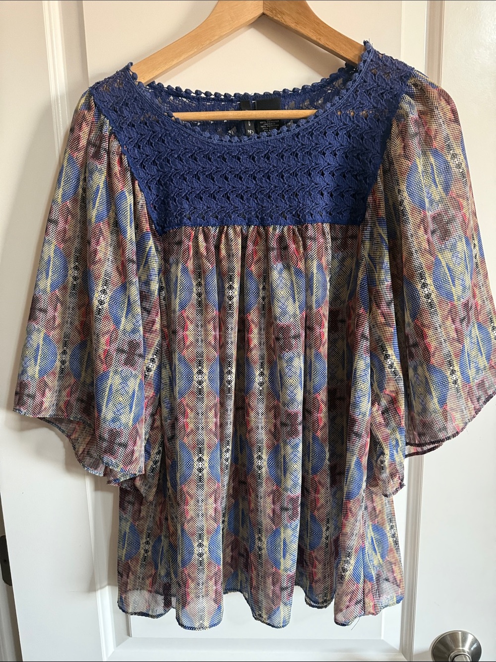 new directions Navy Crochet Yoke Multicolor Boho Blouse